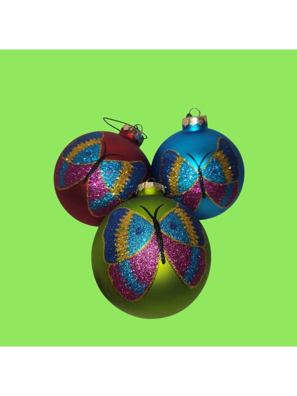 Set of 3 North Pole Hand Blown Glass Ornaments Hand Painted Glitter Butterfly